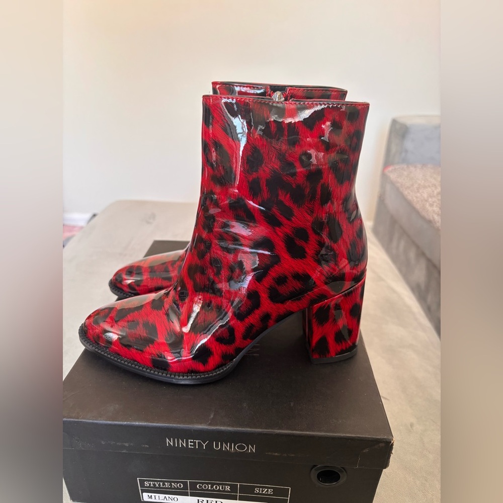 Ninety Union  Red & Black Patent Leather Leopard Boots 6